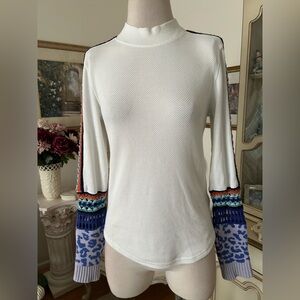 Free People White Top with Colorful Patterned Sleeves Size M C:4336